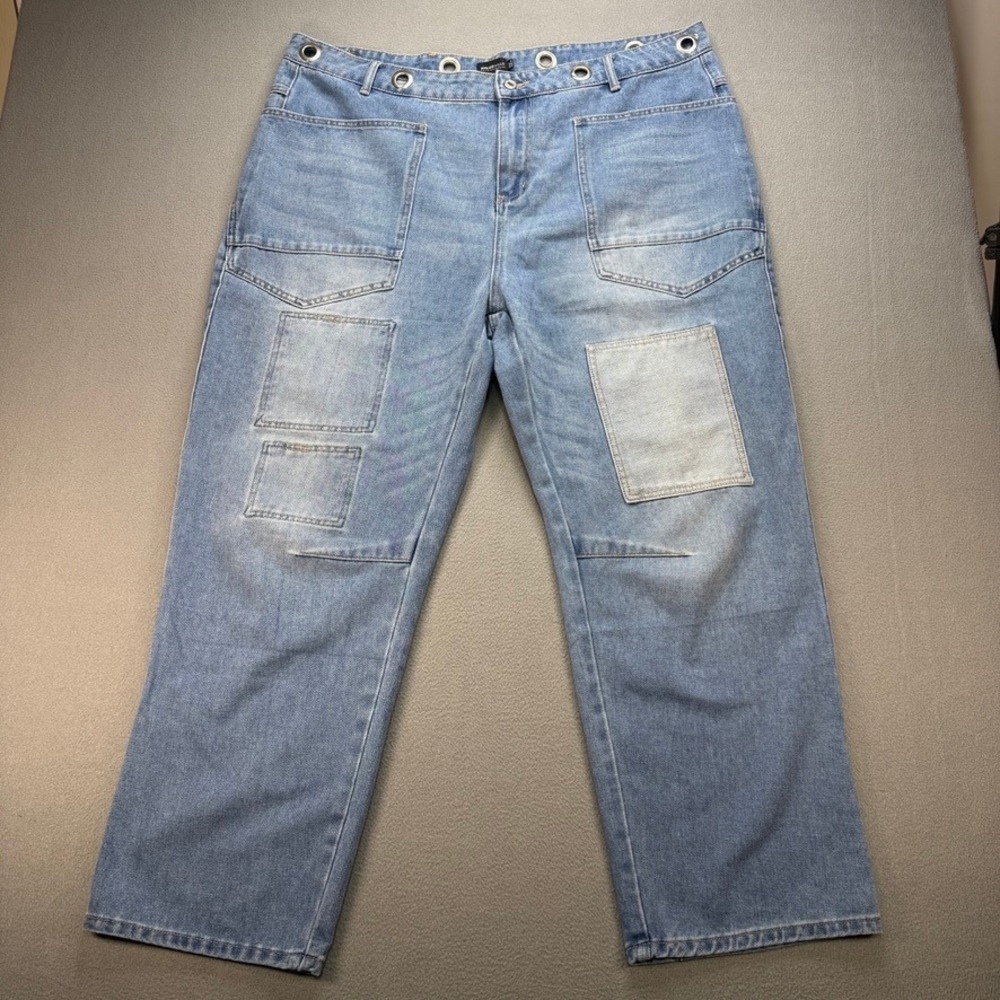 XPLUSWEAR Grommet Waist Patchwork Denim Jeans Straight 2XL Blue Grommet Detail